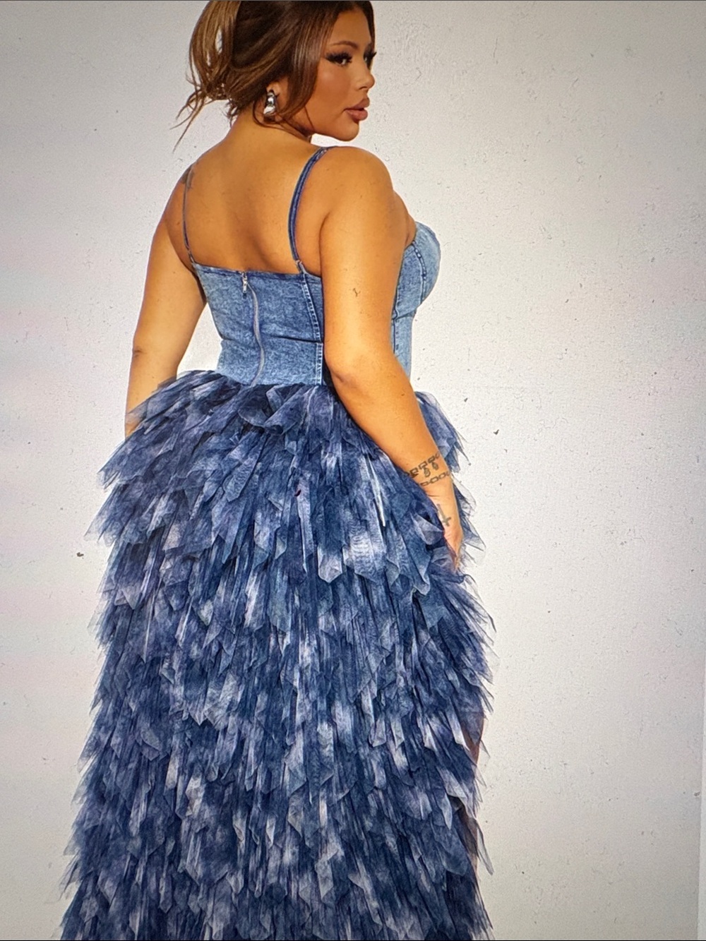 Fashion Nova Denim-Effect Feathered High-Low Maxi Dress in Navy - Picture 2 of 5